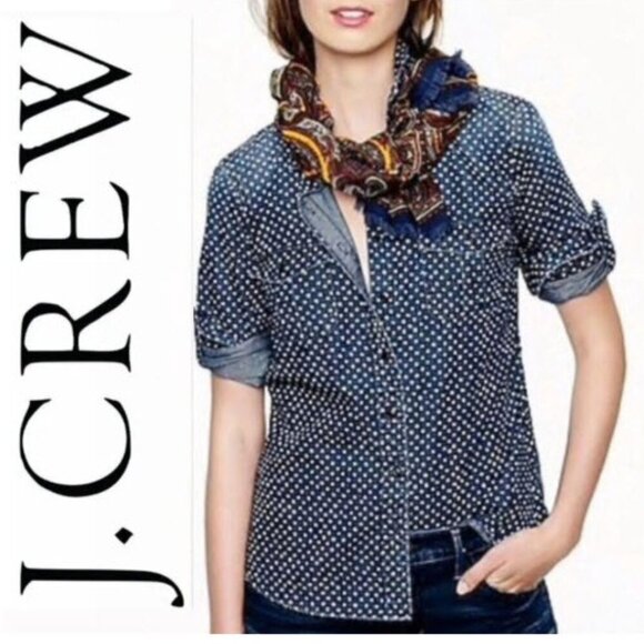 J. Crew Tops - J.Crew Polka Dot Button Down Shirt Navy Cotton Denim Size 6 Women’s